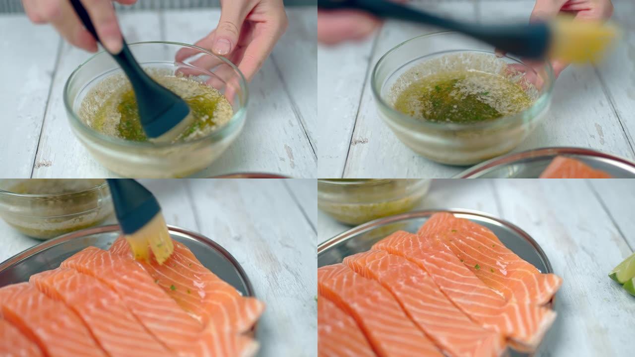使用涂抹刷用腌料酱刷生鲑鱼的特写镜头。用融化的黄油，大蒜，蔬菜刷鲑鱼片。准备鲑鱼在烤架上烹饪的概念。