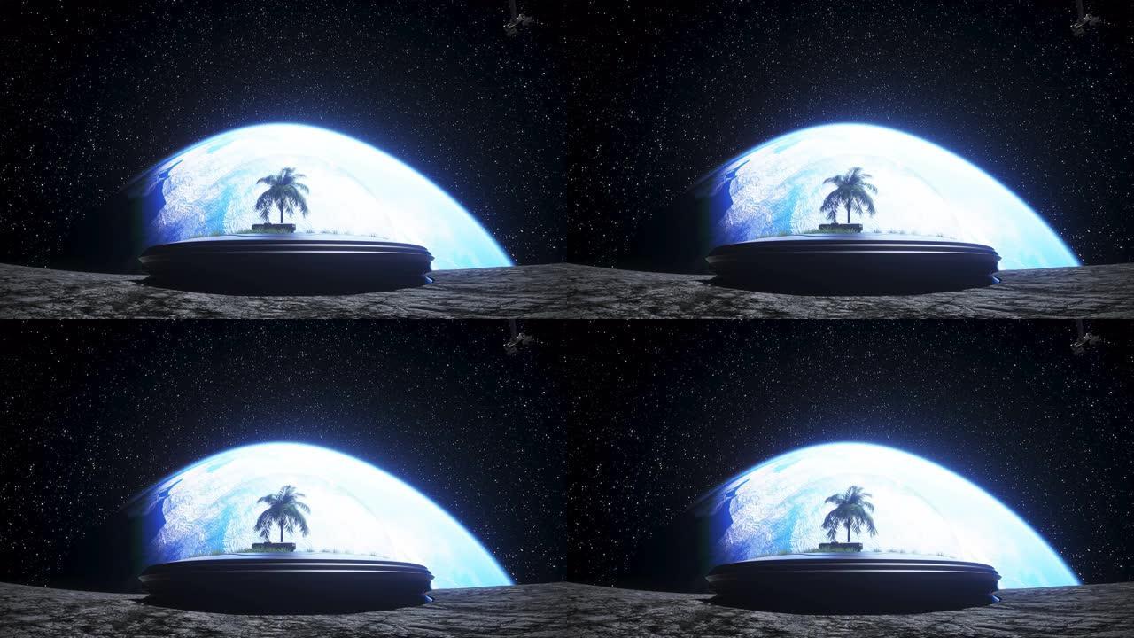 基地，月球上的实验室。月亮上的树。3d渲染。