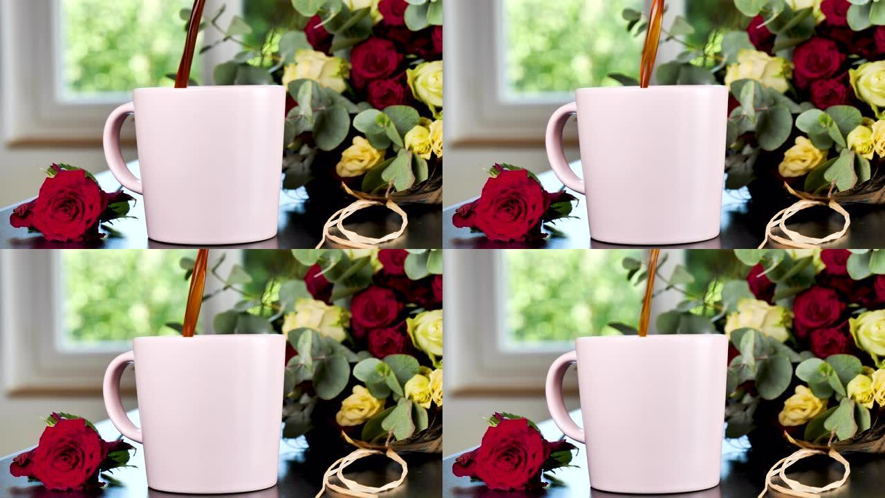 杯子里倒的咖啡和美丽的花朵