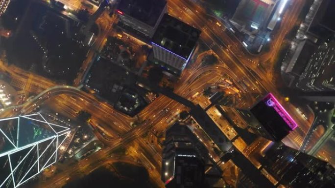 夜间照明香港市区交通街空中俯冲全景4k