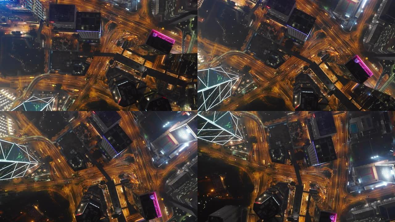 夜间照明香港市区交通街空中俯冲全景4k