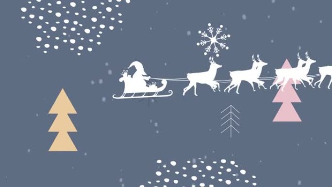 圣诞老人在雪橇上的剪影动画被驯鹿和圣诞树拉着