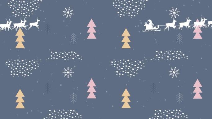 圣诞老人在雪橇上的剪影动画被驯鹿和圣诞树拉着