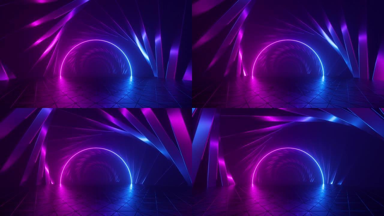 循环3d动画，抽象紫外线未来背景，旋转隧道与粉红色蓝色霓虹灯，在紫外线光谱中发光