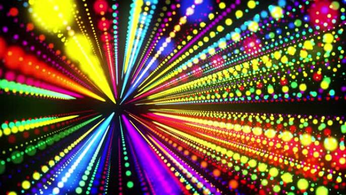 抽象的3d循环背景，发光粒子在3d空间中排成一排。节日vj循环，带有多色粒子和流畅的动画相机。运动设