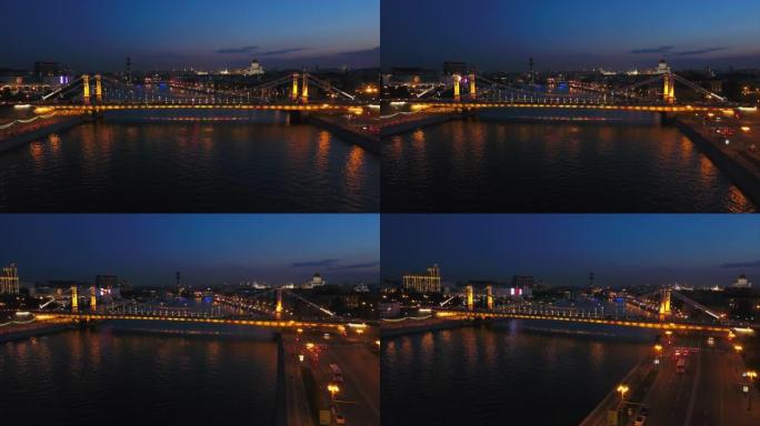 俄罗斯夜灯莫斯科河船交通krymsky桥空中全景4k