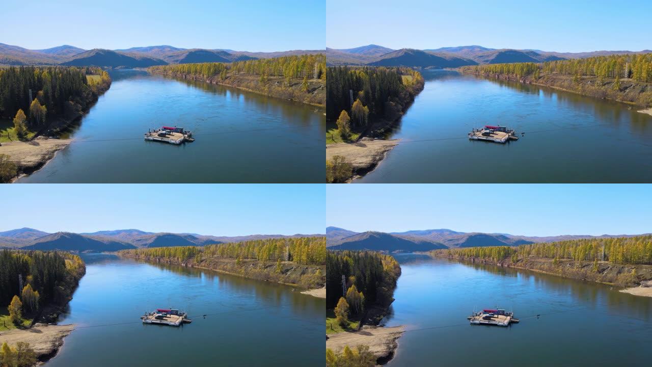 穿越宽阔的叶尼塞河。河流运输。潘通渡轮。用无人机拍摄。
