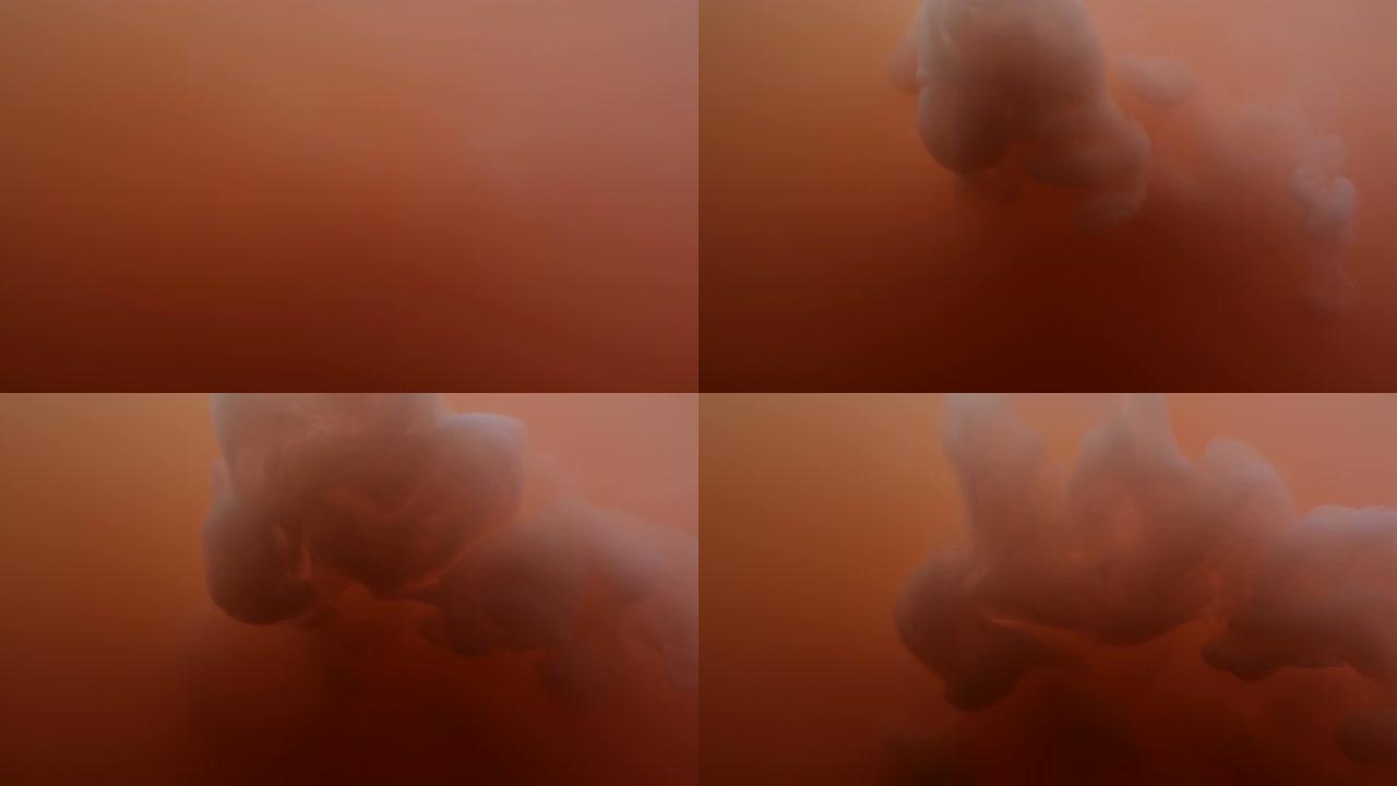 乳白色油漆俱乐部在橙色油漆水中爆炸，彩色墨水掉落。微距拍摄50 fps 4k慢动作
