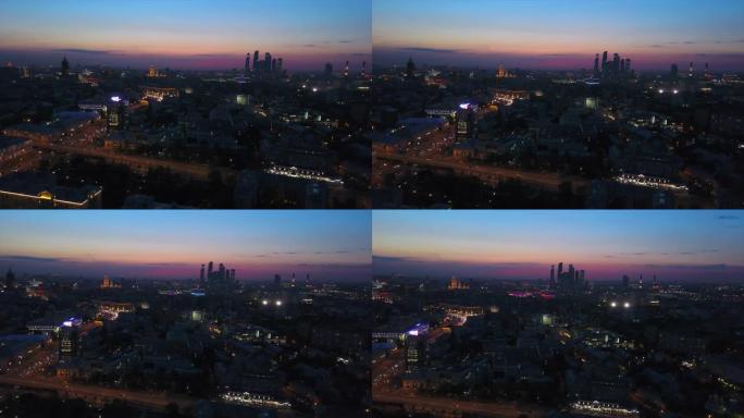 俄罗斯夜间照明莫斯科市高尔基公园河湾空中全景4k