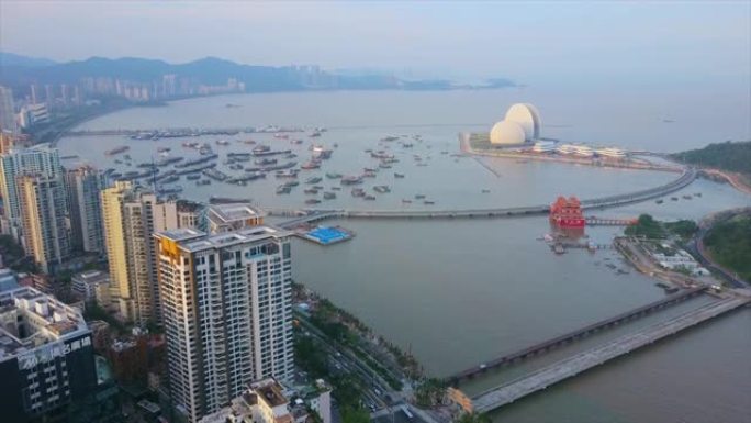 日落时间珠海城市景观交通湾港口歌剧院空中全景4k中国