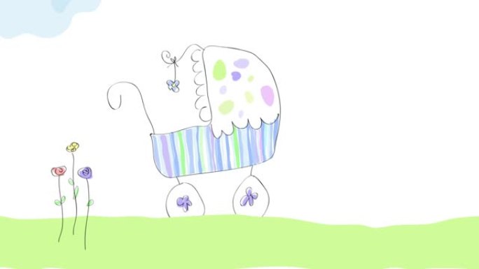 在绿色草坪上跳来跳去的婴儿车。像Dhildlike绘画，卡通，2D动画。剪辑镜头4k