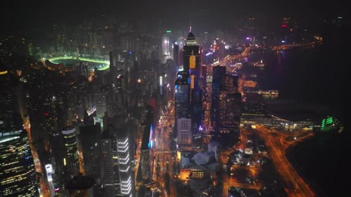 夜间照明香港市区海湾交通街空中全景4k