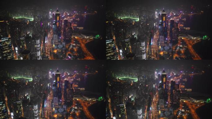夜间照明香港市区海湾交通街空中全景4k