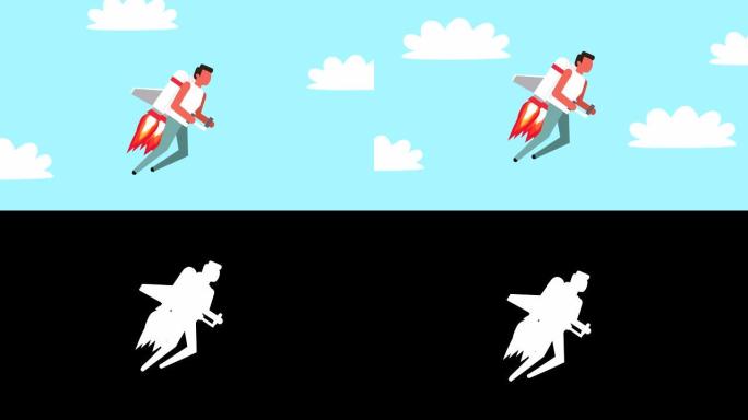 简笔画彩色象形图火箭人角色在天空中用喷气背包飞行卡通动画