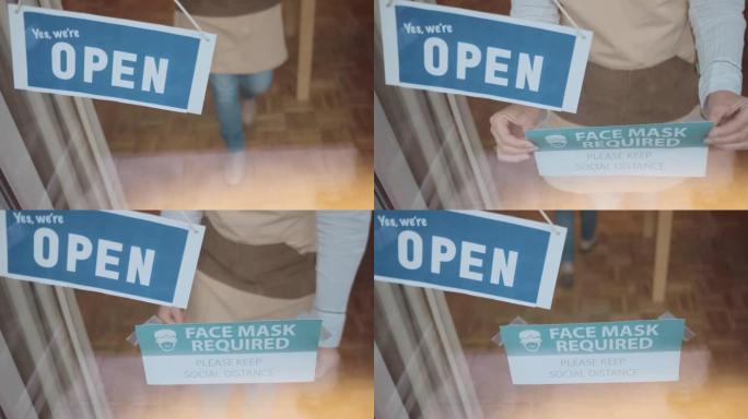 戴着口罩的女人的特写镜头把纸条放在玻璃门上