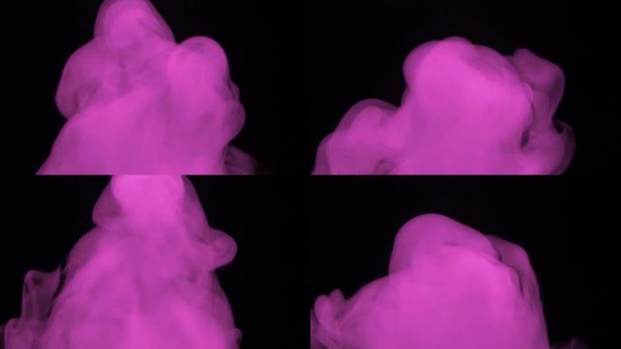 黑色背景上有烟或雾。沸腾是蒸汽或化学物质的气态云的冒泡。化学试剂的光滑滚动有毒气体云。运动中的毒素和