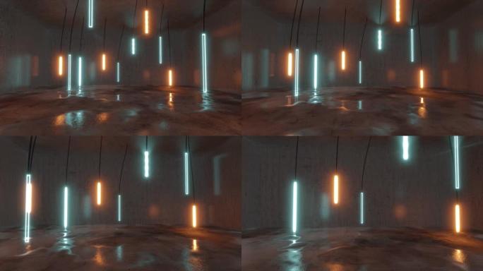带照明悬挂青色和橙色发光二极管面板的混凝土空房间背景动画