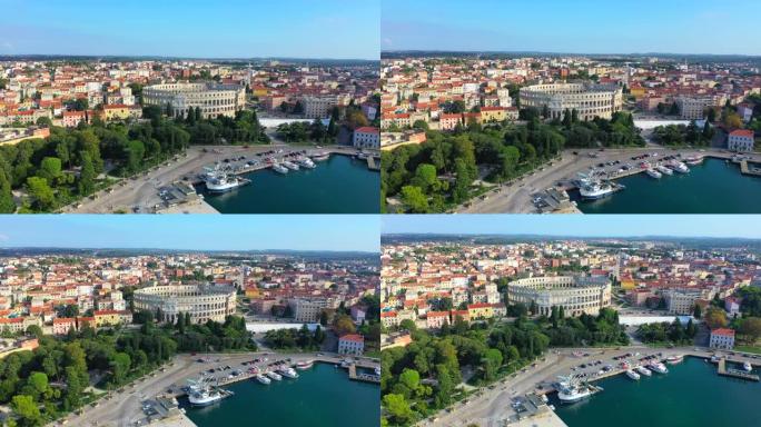欧洲克罗地亚伊斯特拉地区罗维尼老城历史中心的空中无人机视图场景