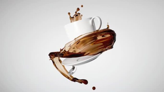 悬浮的白色陶瓷杯，碟子和银汤匙，配以飞溅的咖啡或茶饮料。棕色液体波浪飞溅旋转。无缝动画。
