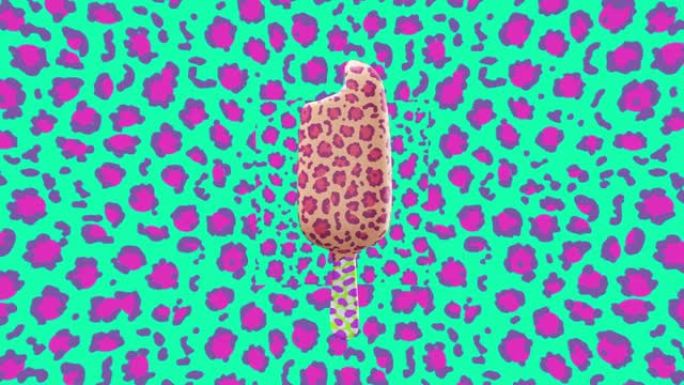 最小运动设计。动物背景上的3d创意豹纹冰淇淋。食品概念艺术。4k视频