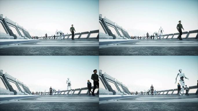 人和机器人。科幻小说。未来的交通。未来的概念。逼真的4k动画。