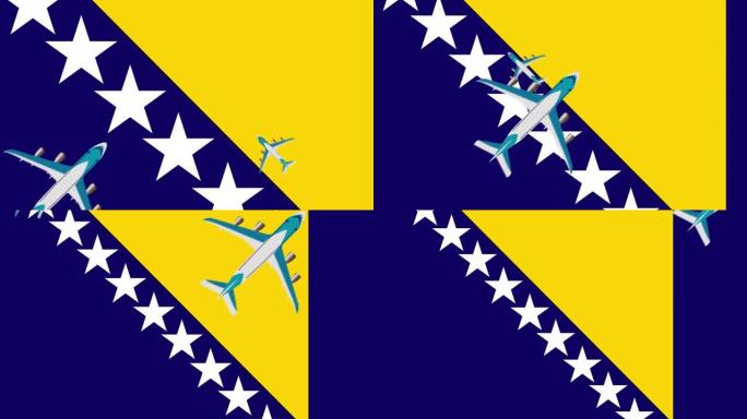 波斯尼亚和黑塞哥维那国旗和飞机。飞机飞越波斯尼亚和黑塞哥维那国旗的动画。