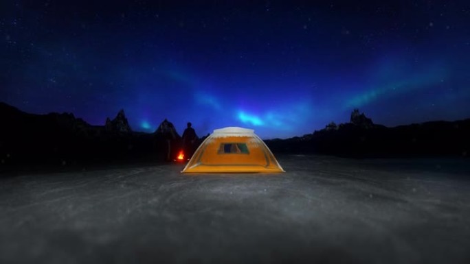 徒步旅行者在野生挪威山区露营，用照明帐篷顶着神奇的北极光北极光，4K