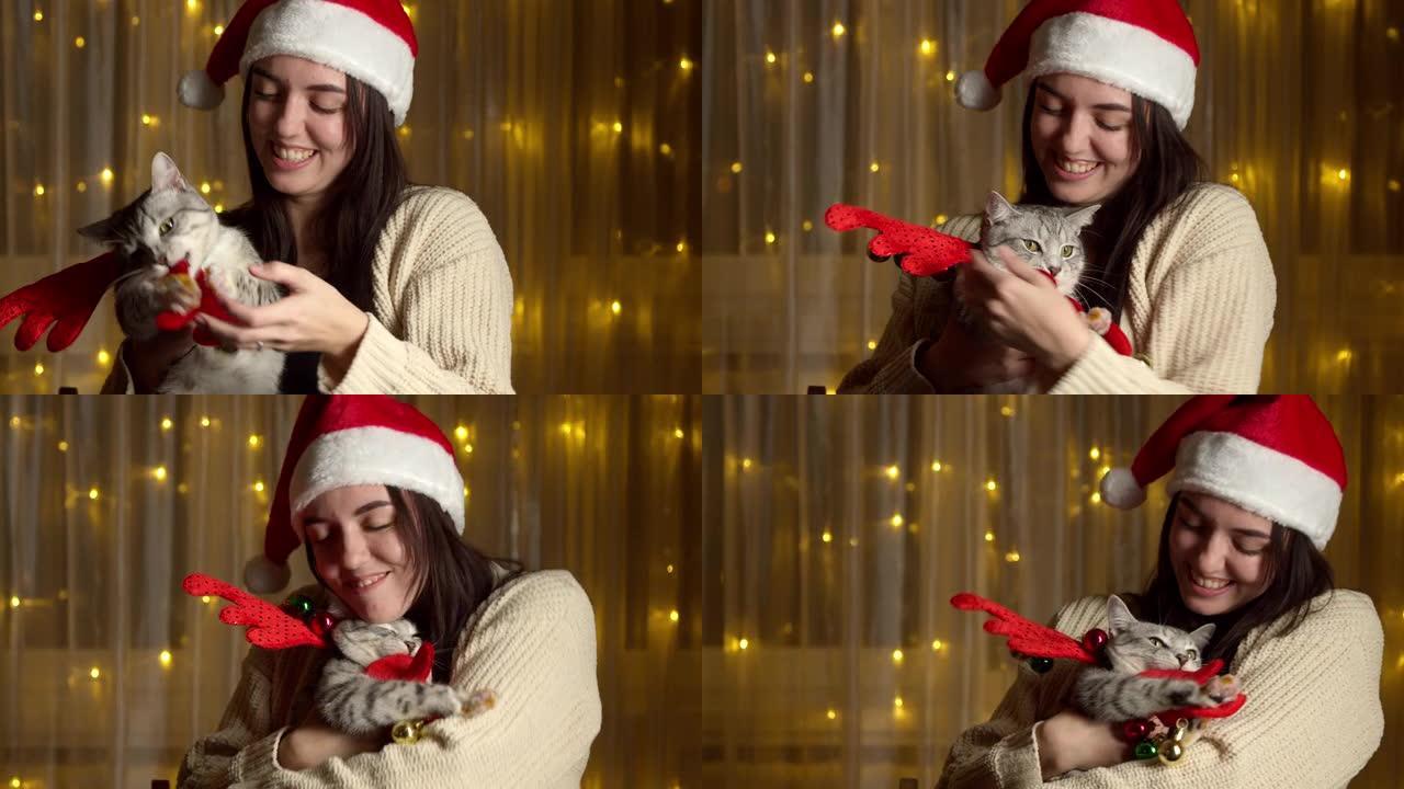 戴着圣诞老人帽子的时尚快乐女孩和可爱的猫玩耍