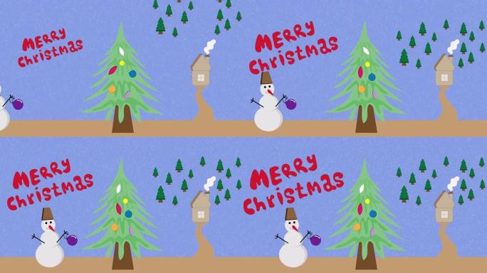 圣诞卡。明信片上显示了一棵圣诞树，一个雪人，一所房子和一片有雪的森林。