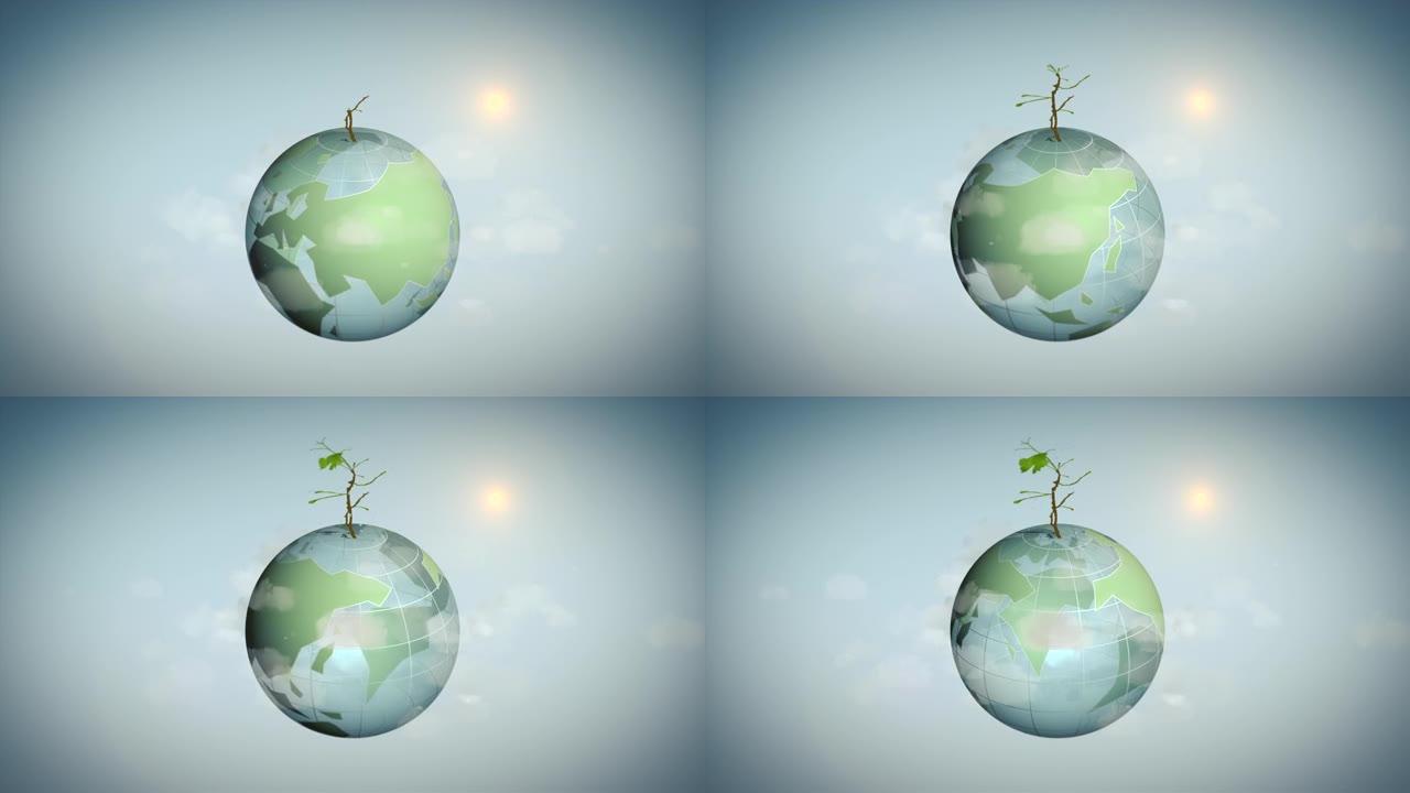 植物在阳光下被云包围的绿色地球仪上绽放。绿色星球 -- 生长的幼苗。动画生态世界符号。