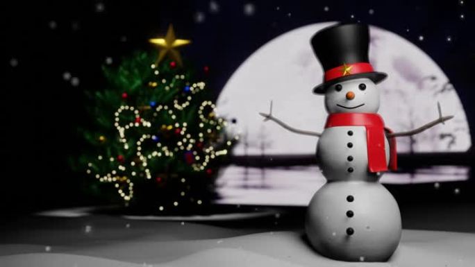雪人，黑色礼帽，红色布带，红色围巾。白雪上圣诞节的枞树装饰品。