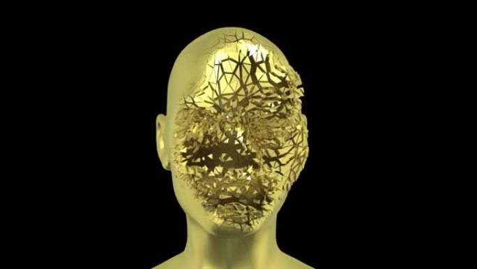 人类的头部散射成许多碎片，并且头部碎片会粘在自己的位置，3D金色的面孔或雕塑具有逼真的环境光反射，4