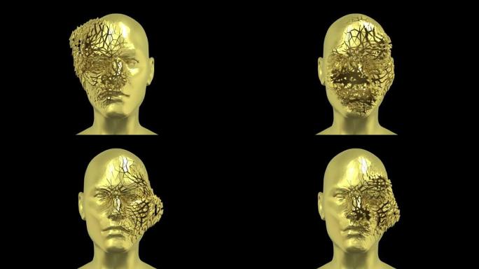 人类的头部散射成许多碎片，并且头部碎片会粘在自己的位置，3D金色的面孔或雕塑具有逼真的环境光反射，4