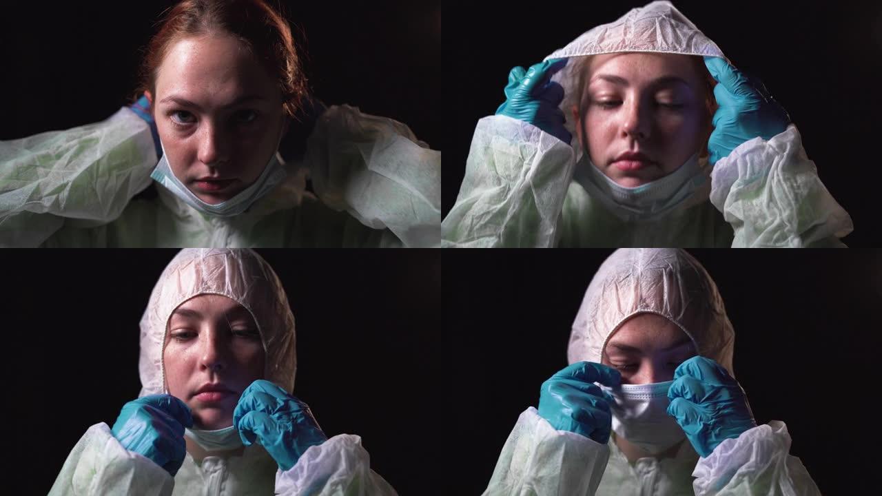 年轻的女医生穿上白色防护服和医用口罩。打击冠状病毒的概念