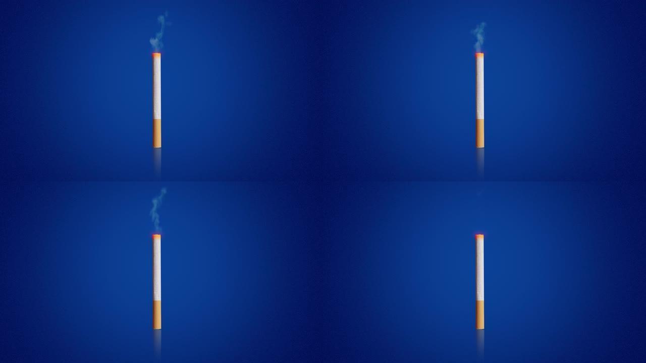 深蓝色带有过滤嘴和烟柱的燃烧香烟