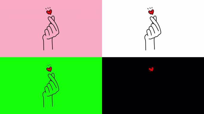 4K迷你心韩式爱手指头符号无缝环上粉红色，白色，绿色屏幕和阿尔法背景