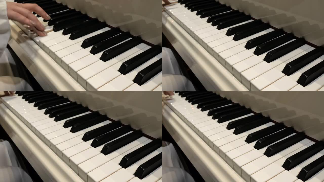 女钢琴家的手在一架美丽的白色三角钢琴上演奏温柔的古典音乐。