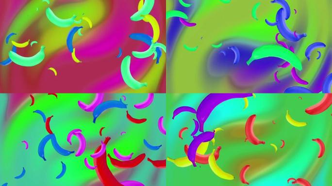旋转的五彩落片成熟的热带香蕉水果。五彩抽象背景上的图案。风格很小。循环动画。复制空间。改变尺寸和颜色