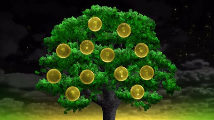 一棵有硬币的树。绿色落叶，挂钱。
