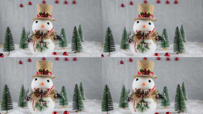 圣诞装饰品背景。散发圣诞精神和心情。绿树和雪人。4k拍摄