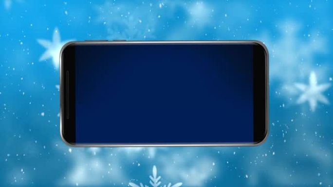 蓝色背景下的冬季风景和雪落下的空白智能手机屏幕动画
