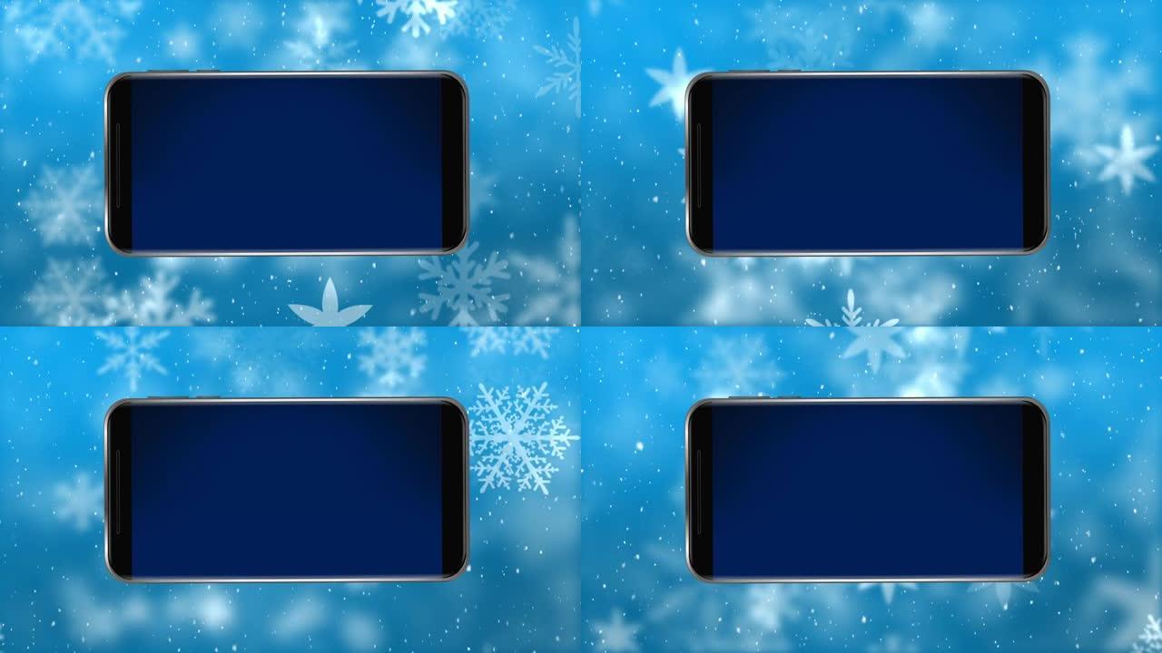 蓝色背景下的冬季风景和雪落下的空白智能手机屏幕动画