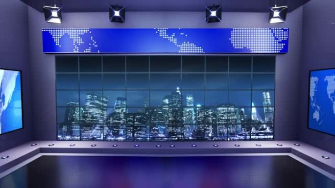 3d虚拟新闻工作室，具有夜城背景和泛光灯循环