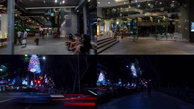 夜间照明新加坡市中心拥挤的购物街步行延时全景4k