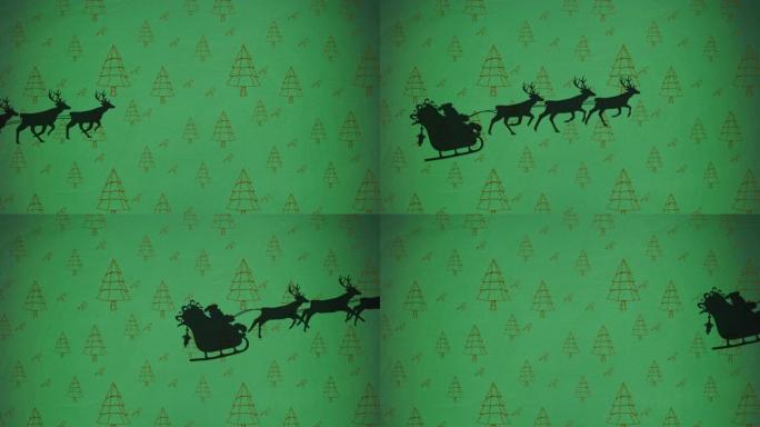圣诞老人在雪橇上的黑色剪影的数字动画被驯鹿拉向mul