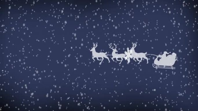 驯鹿和雪花拉动雪橇中的圣诞老人剪影的数字动画