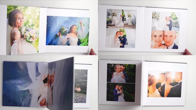顶视图。女人翻阅婚礼写真集。