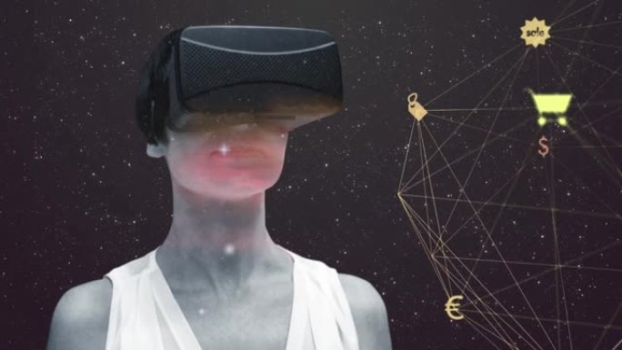 在背景中使用VR耳机对空间的女性连接网络全球