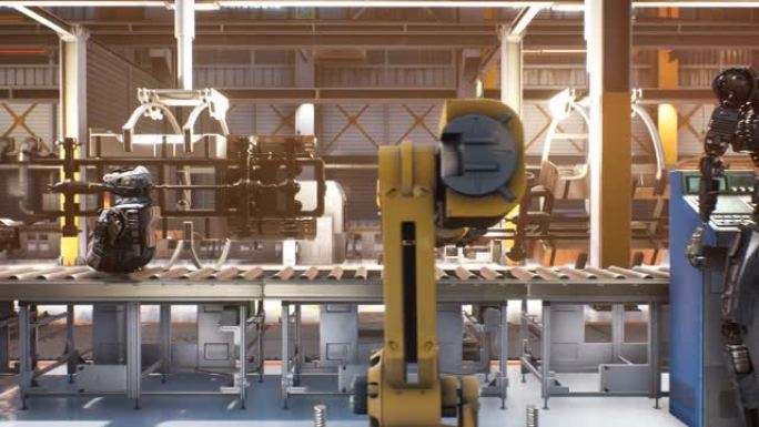 自动装配线。机器人在工厂工作，用于生产和组装机器人。技术和自动化。小说、工业和科幻背景的动画。