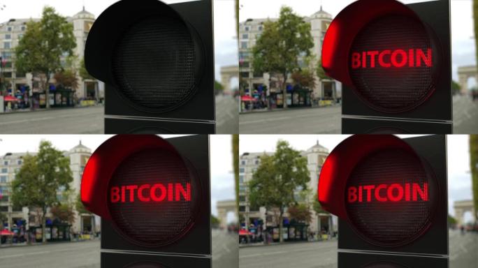 红色交通信号灯上的比特币文本。加密货币禁令相关概念3D动画